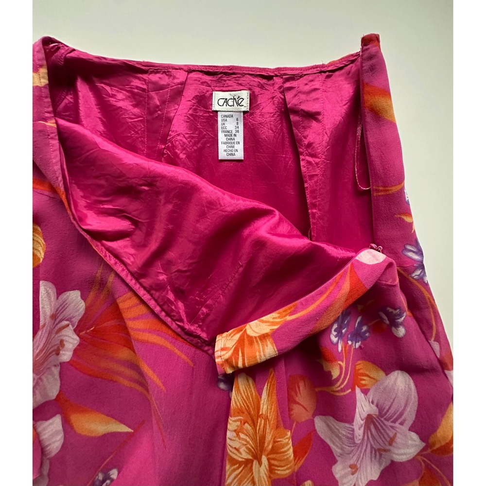 Cache Silk Floral Asymmetrical Mini Skirt Pink Orange Tropical Y2K Lined Size 6 - Picture 6 of 9